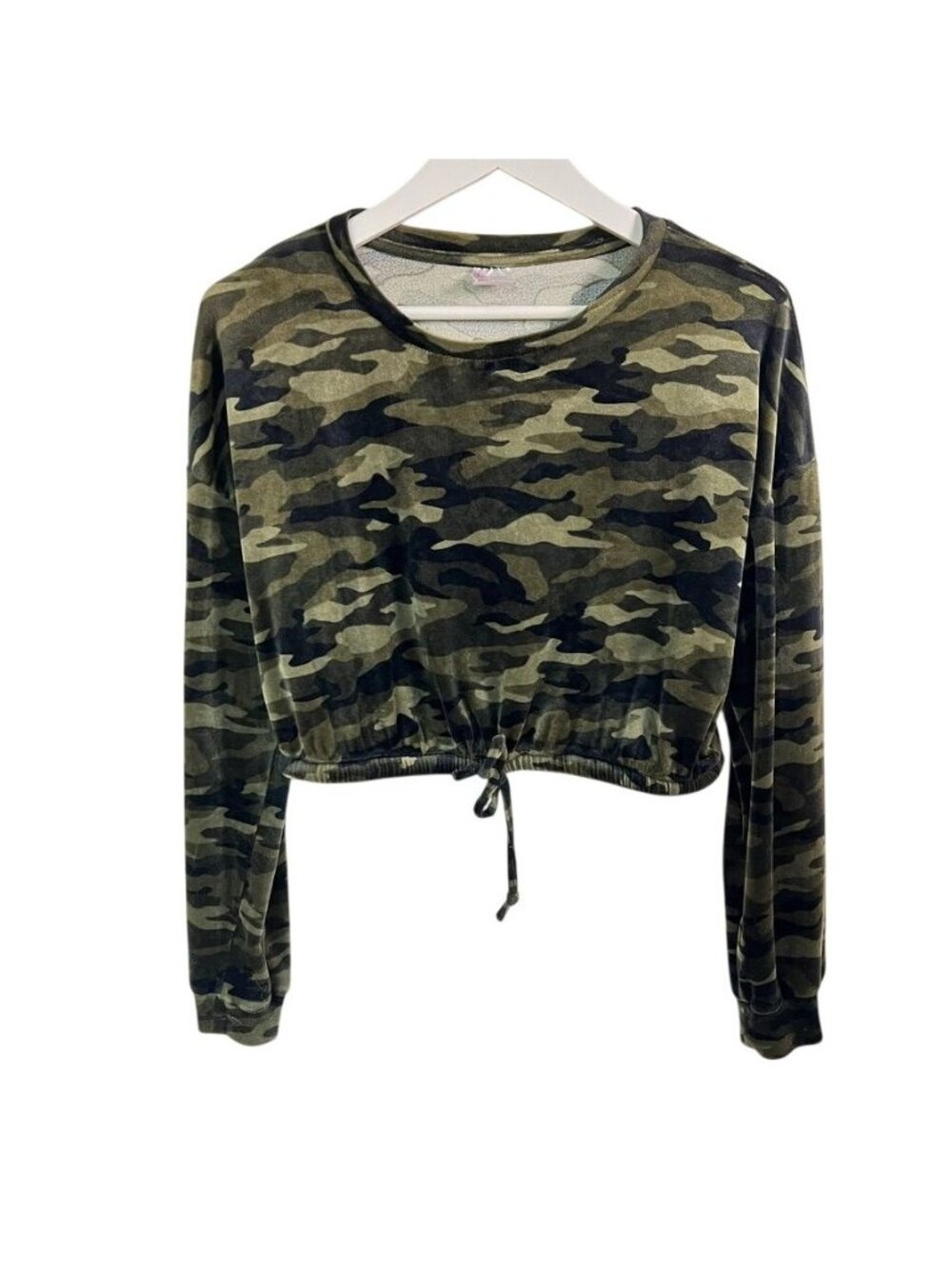 Camo Print Top Juniors L Adult XS Fitted Y2K Utility Streetwear Baby Tee Grunge
